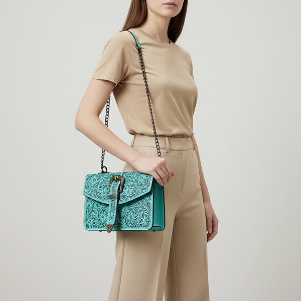 ADBG1535 American Darling Western Leather Small Crossbody Bag with Hand-Tooled Floral Design & Chain Strap