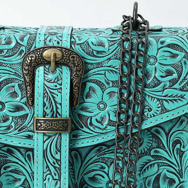 ADBG1535 American Darling Western Leather Small Crossbody Bag with Hand-Tooled Floral Design & Chain Strap