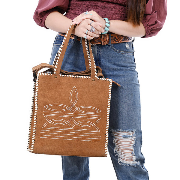 ADBG1590 American Darling Western Genuine Suede Leather Tote Bag with Boot-Stitched Detailing