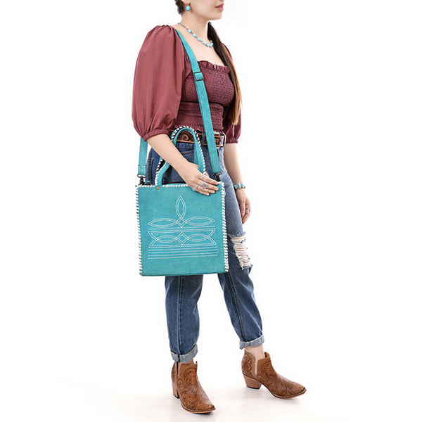ADBG1590 American Darling Western Genuine Suede Leather Tote Bag with Boot-Stitched Detailing