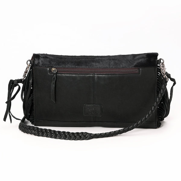 ADBGM550 Black Hair-On Leather Fringe Clutch - Western Crossbody with Turquoise Concho & Braided Trim