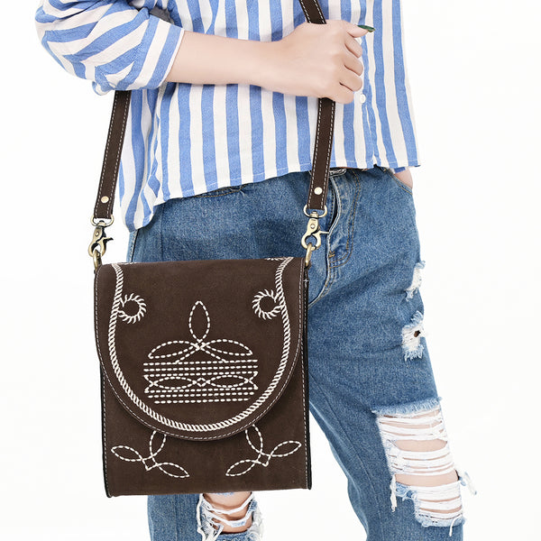 ADBGA685 American Darling Boot Stitched Suede Genuine Leather Cross body Bag