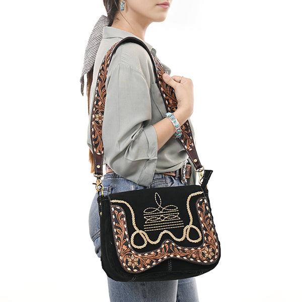 ADBGA687 American Darling Boot Stitched Suede Leather Hand Tooled Cross body Bag