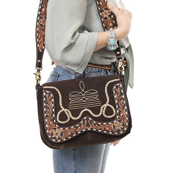 ADBGA687 American Darling Boot Stitched Suede Leather Hand Tooled Cross body Bag