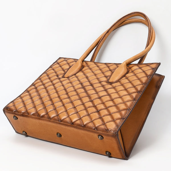 ADBGM525 Quilted Tan Leather Tote Bag - Western-Style Structured Cowgirl Handbag