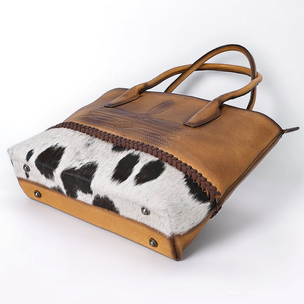 ADBGM526 Two-Tone Cowhide & Tooled Leather Tote - Western Handbag with Braided Trim