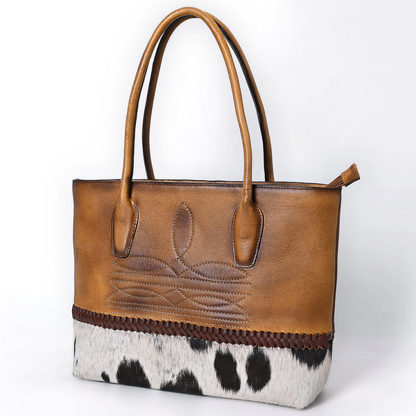 ADBGM526 Two-Tone Cowhide & Tooled Leather Tote - Western Handbag with Braided Trim