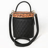 ADBGA698 Black Quilted Barrel Crossbody Bag with Tooled Floral Leather Top