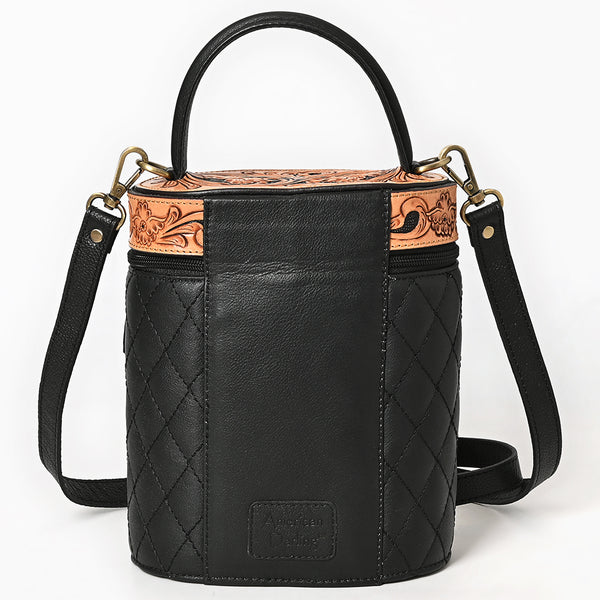 ADBGA698 Black Quilted Barrel Crossbody Bag with Tooled Floral Leather Top