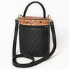 ADBGA698 Black Quilted Barrel Crossbody Bag with Tooled Floral Leather Top