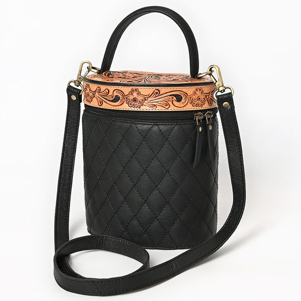 ADBGA698 Black Quilted Barrel Crossbody Bag with Tooled Floral Leather Top