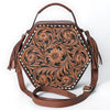 ADBGA702 American Darling Western Hexagon Tooled Leather Canteen Bag with Floral Carving & Tassels