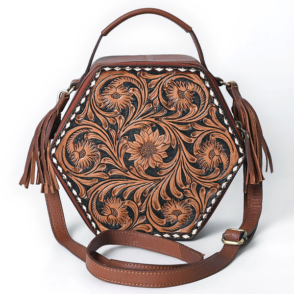 ADBGA702 American Darling Western Hexagon Tooled Leather Canteen Bag with Floral Carving & Tassels