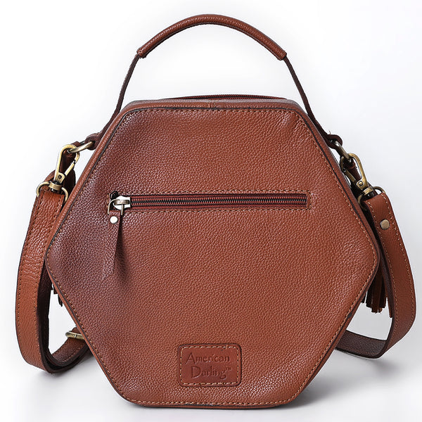 ADBGA702 American Darling Western Hexagon Tooled Leather Canteen Bag with Floral Carving & Tassels