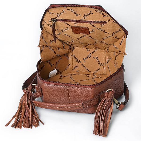 ADBGA702 American Darling Western Hexagon Tooled Leather Canteen Bag with Floral Carving & Tassels