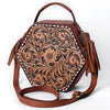 ADBGA702 American Darling Western Hexagon Tooled Leather Canteen Bag with Floral Carving & Tassels