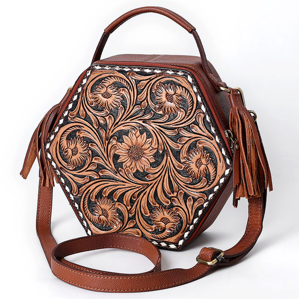 ADBGA702 American Darling Western Hexagon Tooled Leather Canteen Bag with Floral Carving & Tassels