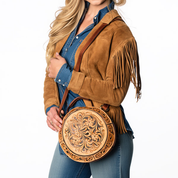 ADBGA705 American Darling Round Western Tooled Leather Canteen Bag - Floral Hand-Carved Design