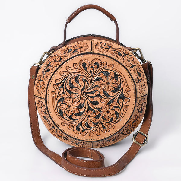 ADBGA705 American Darling Round Western Tooled Leather Canteen Bag - Floral Hand-Carved Design