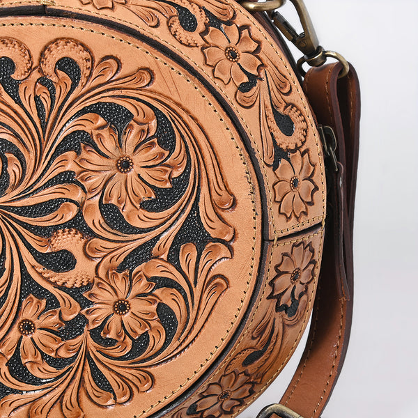 ADBGA705 American Darling Round Western Tooled Leather Canteen Bag - Floral Hand-Carved Design