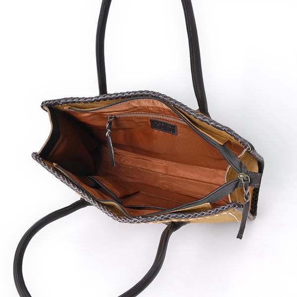 ADBGM484 Genuine suede Western Tote - White Stitch Detail with Braided Trim & Black Leather Handles