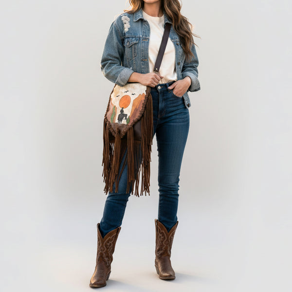 ADBGM540 Western Sunset Cowboy Fringe Messenger - Hair-On Leather AppliqueBag with Desert Scene