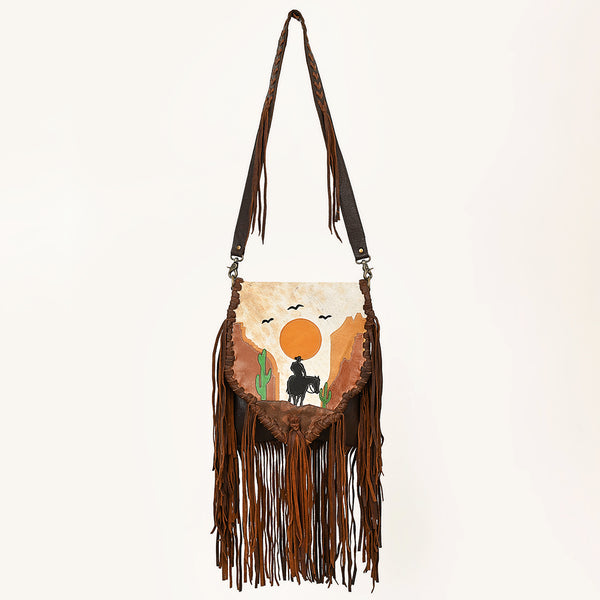 ADBGM540 Western Sunset Cowboy Fringe Messenger - Hair-On Leather AppliqueBag with Desert Scene