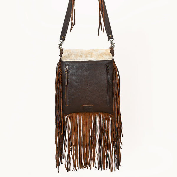 ADBGM540 Western Sunset Cowboy Fringe Messenger - Hair-On Leather AppliqueBag with Desert Scene