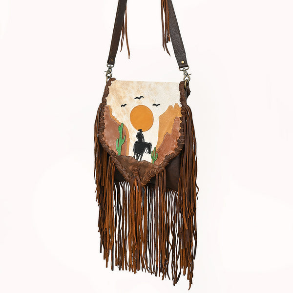 ADBGM540 Western Sunset Cowboy Fringe Messenger - Hair-On Leather AppliqueBag with Desert Scene