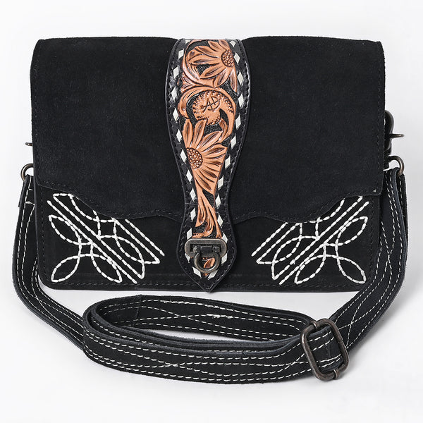 ADBG1646A American Darling Black Western Genuine Suede Leather Cross Body Bag Hand-Tooled with Adjustable Strap