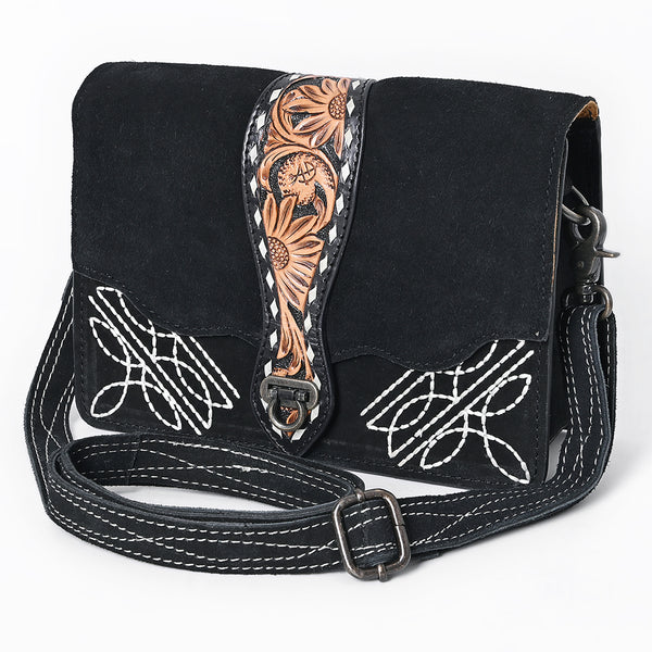 ADBG1646A American Darling Black Western Genuine Suede Leather Cross Body Bag Hand-Tooled with Adjustable Strap