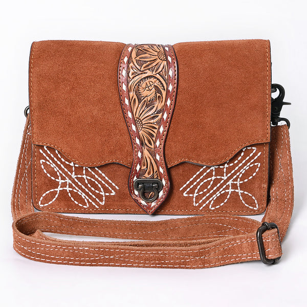 ADBG1646 American Darling Western Leather Cross Body Bag with Genuine Suede Body and Hand-Tooled Accent Strap