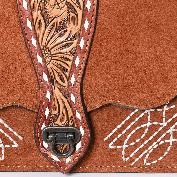 ADBG1646 American Darling Western Leather Cross Body Bag with Genuine Suede Body and Hand-Tooled Accent Strap