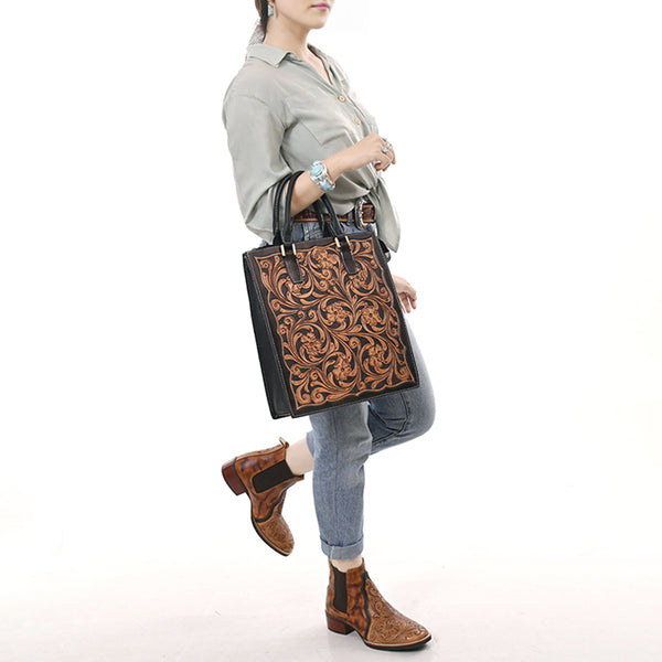 ADBGA642 American Darling Hand Tooled Genuine Leather Tote Bag Floral Carved
