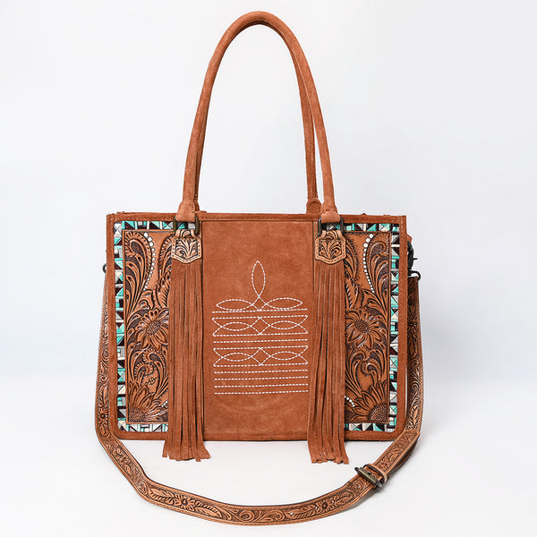 ADBG1649 American Darling Western Genuine Suede Leather Tote Bag with Tooled Accents & Fringes Genuine Handcrafted Design