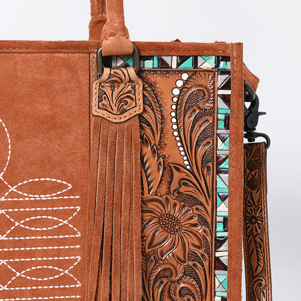 ADBG1649 American Darling Western Genuine Suede Leather Tote Bag with Tooled Accents & Fringes Genuine Handcrafted Design
