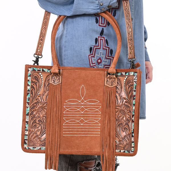 ADBG1649 American Darling Western Genuine Suede Leather Tote Bag with Tooled Accents & Fringes Genuine Handcrafted Design
