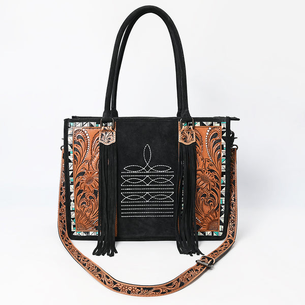 ADBG1649B American Darling Black Western Genuine Suede Leather Tote Bag with Tooled Accents & Fringe Handcrafted Design