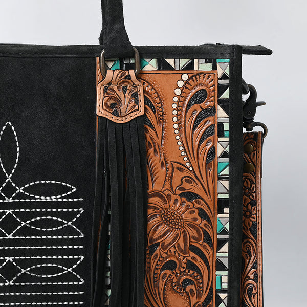 ADBG1649B American Darling Black Western Genuine Suede Leather Tote Bag with Tooled Accents & Fringe Handcrafted Design