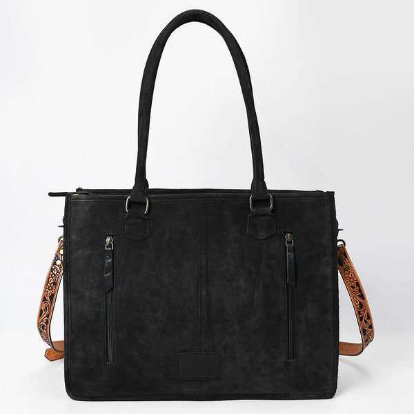 ADBG1649B American Darling Black Western Genuine Suede Leather Tote Bag with Tooled Accents & Fringe Handcrafted Design