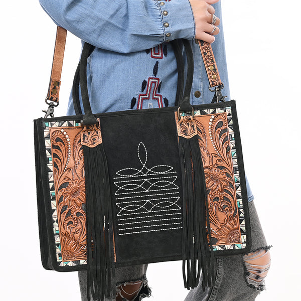 ADBG1649B American Darling Black Western Genuine Suede Leather Tote Bag with Tooled Accents & Fringe Handcrafted Design