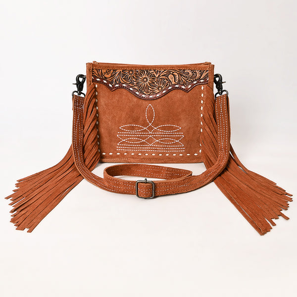 ADBG1651 American Darling Western Genuine Suede Leather Hand-Tooled Crossbody Bag with Fringe Handcrafted Genuine Design