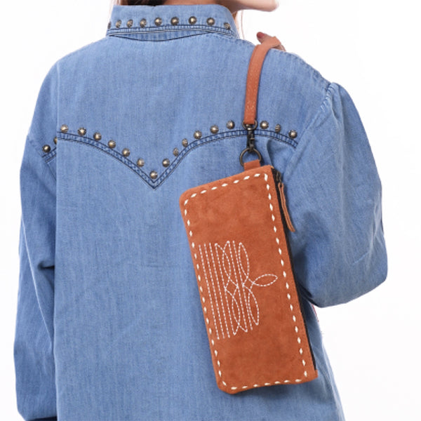 ADBG1652 American Darling Western Genuine Suede Leather Wristlet Bag with Buck Stitching Handcrafted Genuine Design