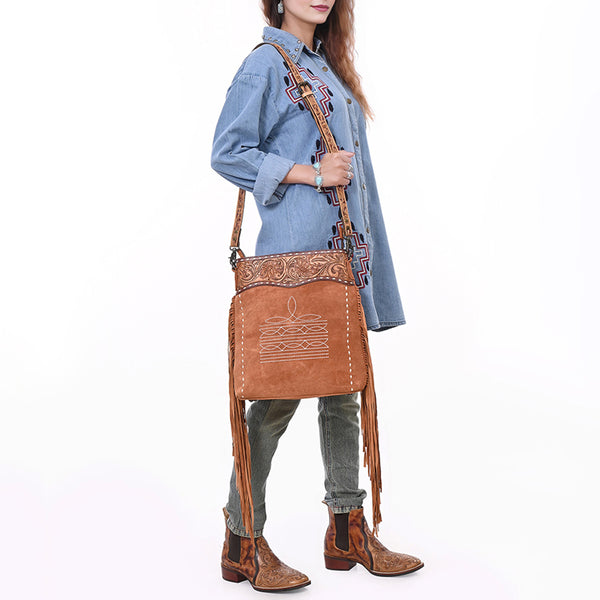 ADBG1654 American Darling Western Leather Large Crossbody Bag with Fringe & Tooled Accents Handcrafted Design