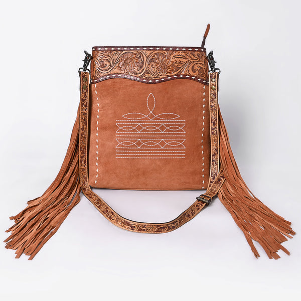 ADBG1654 American Darling Western Leather Large Crossbody Bag with Fringe & Tooled Accents Handcrafted Design