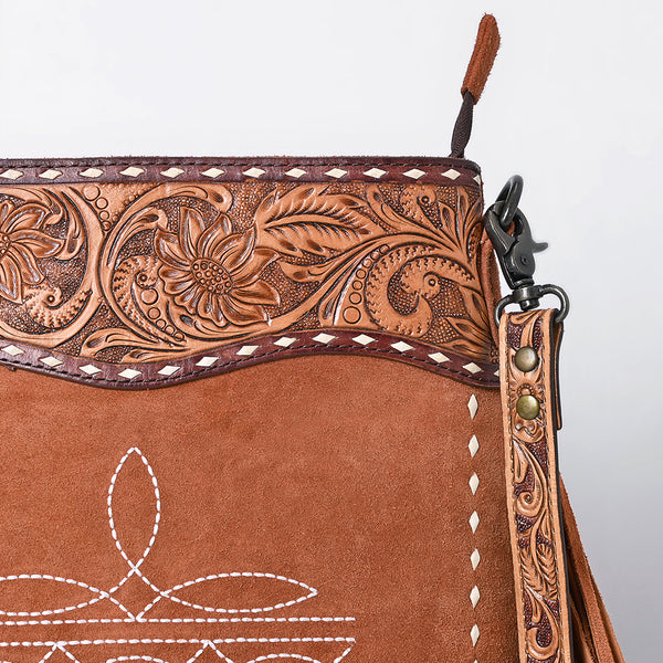 ADBG1654 American Darling Western Leather Large Crossbody Bag with Fringe & Tooled Accents Handcrafted Design