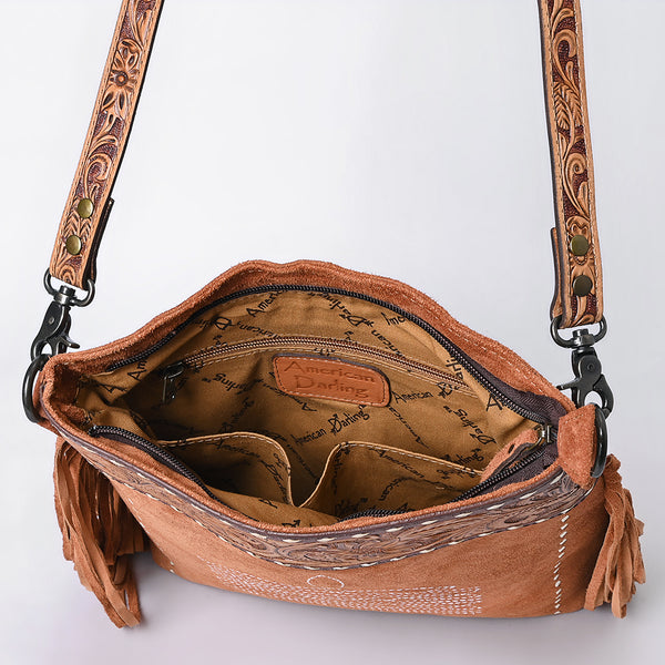 ADBG1654 American Darling Western Leather Large Crossbody Bag with Fringe & Tooled Accents Handcrafted Design