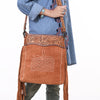 ADBG1654 American Darling Western Leather Large Crossbody Bag with Fringe & Tooled Accents Handcrafted Design