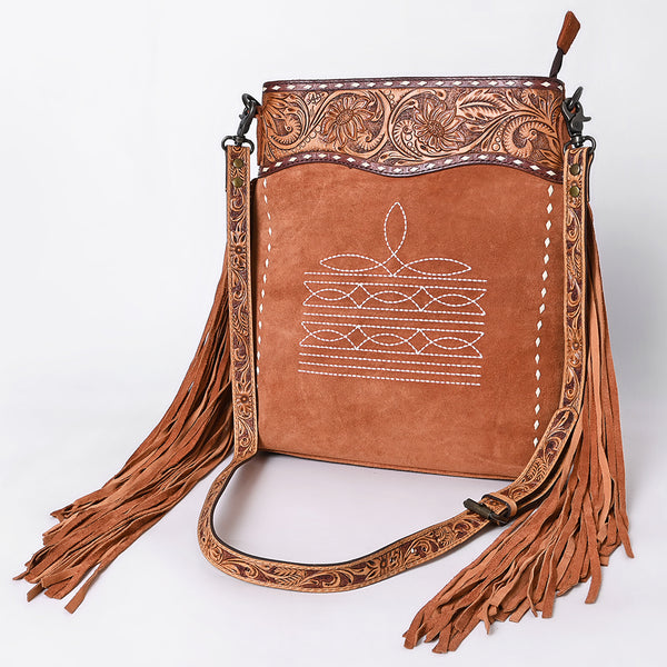 ADBG1654 American Darling Western Leather Large Crossbody Bag with Fringe & Tooled Accents Handcrafted Design