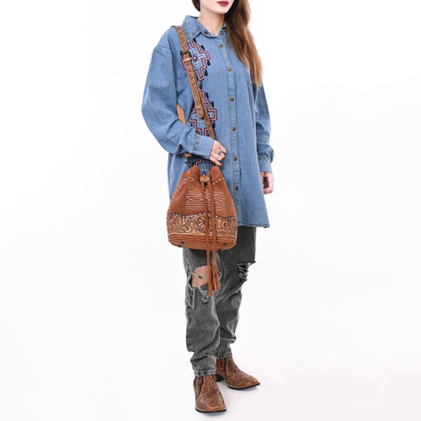 ADBG1656 American Darling Western Genuine Suede Leather Bucket Bag with Tooled Accents & Tassels Handcrafted Design